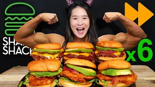 Food Challenge: Eating 6X SHAKE SHACK Avocado Bacon Burgers! Chicken Sandwich & Cheeseburger Mukbang