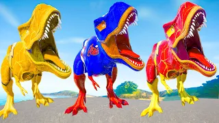 One Spiderman T-Rex vs Other Big Colorful Dinosaurs in Jurassic World! I-Rex vs T-Rex Dino Fight!