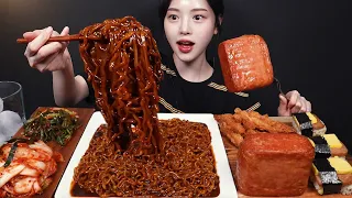 SUB)Spicy Jjajang Ramyeon Noodles and Whole Spam, Fried Spam, and Spam Rice Ball Mukbang ASMR