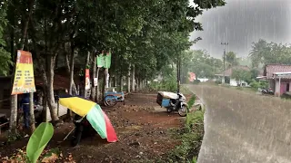 Heavy Rain Walking in rural Indonesia | Cool afternoon atmosphere| Rain and thunder are for relaxing