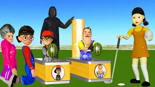 Scary Teacher 3D vs Squid Game Who Will Win Golf and Watermelon 4 Times Challenge vs 2 Neighbor Lost