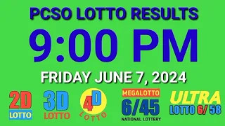 9pm Lotto Results Today June 7, 2024 Friday ez2 swertres 2d 3d pcso