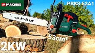 The most powerful chain saw from Parkside PBKS 53 A1 with a power of 2 kW and an Oregon bar 45 cm