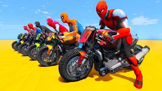 MOTORCYCLES with SPIDER-MAN - EXTREME RAMP PARKOUR Jumps with SUPER MOTOS - GTA V MODS