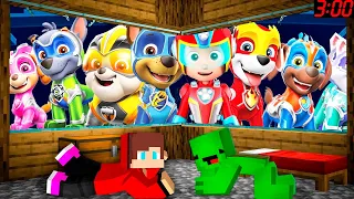 JJ and Mikey hide From Scary Puppies and Ryder from PAW PATROL Heroes exe Minecraft ! Maizen