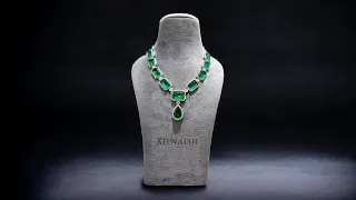 Classy Zambian Emerald Green Cz Diamond Stones Long Necklace and Earrings Set