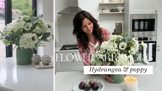 FLOWER ARRANGING TUTORIAL | FAUX IVORY HYDRANGEA AND COUNTRY POPPY ARRANGEMENT | IVY GREY INTERIORS