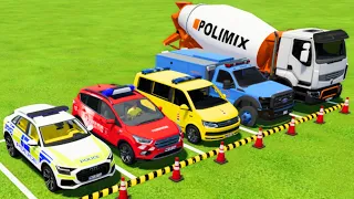 ALL POLICE CARS & AMBULANCE EMERGENCY & MIXER TRUCK TRANSPORTING WITH SCANIA TRUCKS ! FS22