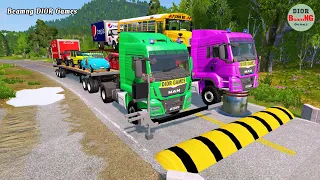 Double Flatbed Trailer Truck vs speed bumps|Busses vs speed bumps|Beamng Drive|495