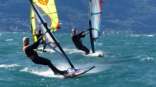 Windsurfing: backwinded fast tack in slow motion