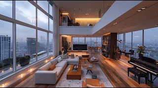 Relaxing smooth Jazz - with rainy sound in cozy livingroom and fantastical view - BGM