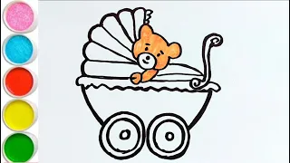 How to draw and color a baby stroller and a teddy bear for children.