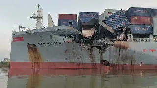 Ships Crash: Container Ships Collided On River Causing The Ship To Dent Its Nose