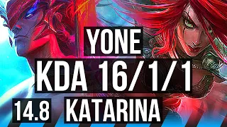 YONE vs KATARINA (MID) | 16/1/1, Legendary, 7 solo kills, 600+ games | EUW Master | 14.8