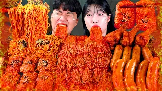 ASMR MUKBANG| Eating with GONGSAM! Fire spicy Mushrooms, Fire noodles wrap, Chicken, Sausage.