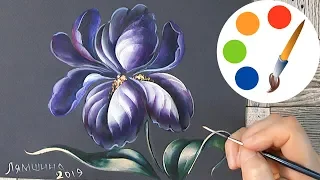 Zhostovo style by a filbert brush, Paint an Iris, Acrylic painting