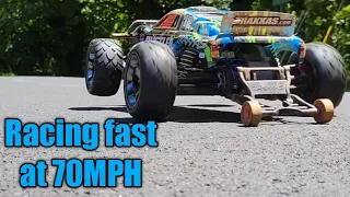 Traxxas Rustler VXL racing at 70mph through the neighborhood