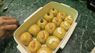 Cooking Indian Sweets, Simple dessert "Besan Ladoo" prepared at home, Video Recipe