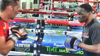 Japanese star boxer visits the Mayweather Boxing Club, Jeff Mayweather holds pads