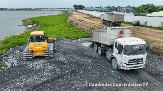 Part 33, Nice Incredible Spreading Big Stone By Dozer SHANTUI with SHACMAN Truck Build Road On Lake