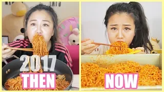 5 NUCLEAR FIRE NOODLES in 10 MINUTES CHALLENGE!! l THEN vs NOW