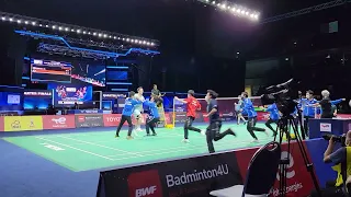 Team Japan celebrates quarter final victory for the 2022 Thomas Cup Finals