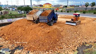 Updating Filling Deep Pond Project !! The Best & Team Trucks 5T & Dozer Spreading Stone Into Water