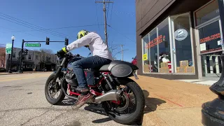 2013 Moto Guzzi V7 Cafe Racer running and revving with Agostini Carbon Exhaust riding on the road.