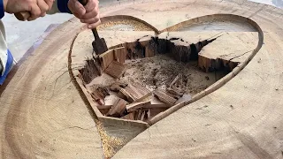 Process Restoring Damaged Wooden Panels By Skillful Carpenter - Heart Mounted Design On Table Top