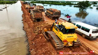 Great Process Build Road Prevent Flooding​​ Power Bulldozer Pushing Soil & Dump Truck Unloading Soil