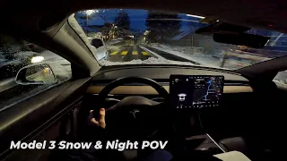 Tesla Model 3 Test Drive Snow & Night POV | LED Headlights 2022