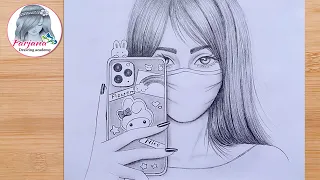 How to draw A girl taking a selfie with wearing a mask || Step by Step Pencil Sketch for beginners