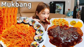 Sub)Real Mukbang- Spicy Cold Noodles 🍜 Chicken Cutlet 🍽 Gimbap 🍙 Draft beer 🍺 ASMR KOREAN FOOD