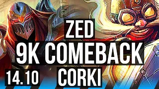 ZED vs CORKI (MID) | 9k comeback, 8 solo kills, 51k DMG, Legendary, 20/4/6 | NA Challenger | 14.10