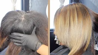 👩🏾‍🦳Blending Natural Gray Hair with Highlights! #graycoverage #silkpress #naturalhair