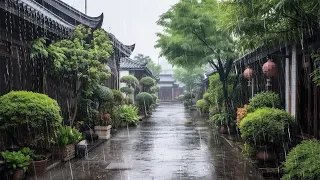 Overcoming insomnia with heavy rain asmr | Rainy day on the streets of the tile-roofed house village