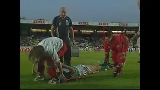 Footballer gets butt shoved into his face while getting taken away on a stretcher