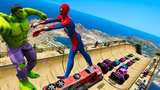 Spiderman Hulk Ramps challenge GTA V Franklin Trevor check SUV Cars and  Trains crash games mods