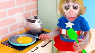 Baby Monkey Chu Chu cooking and plays with ducklings in the farm