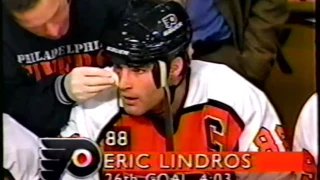 Flyers Lindros 5th Season 1996-97 Goals 24-32 , 9th Hat Trick, 4 Goal Game Boughner Fight Suspension