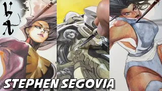 Stephen Segovia drawing Wonder Woman, Phoenix, Psylocke, White Queen, and Landmate