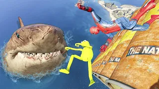 GTA 5 Water Ragdolls |  MEGALODON vs SPIDERMAN Jumps/Fails (Funny Moments) Ep.14