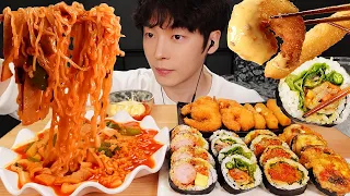 ASMR MUKBANG korean food, Spicy NOODLES RICE CAKE (Tteokbokki), Cheese sticks, Kimbap recipe! eating