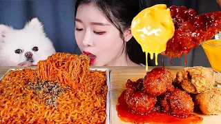 ASMR * BEST SPICY COMBO 🔥 SPICY FIRE CHICKEN NOODLES ❤️‍🔥 SPICY FRIED CHICKEN & CHEESE SAUCE MUKBANG