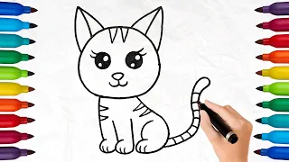 Cute Cat Drawing Painting and Coloring for Kids and Toddlers | Draw cat