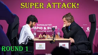 SUPER ATTACK!! Gukesh vs Magnus Carlsen || SuperUnited Rapid 2023 - R1