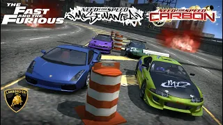 Kenji's RX7 vs Brians Eclipse vs M3 GTR vs Gallardo in NFS MW