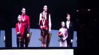 EC2016 Pairs' medal ceremony with Russian anthem for Volosozhar & Trankov