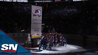 Avalanche Bring Out The Stanley Cup And Raise Their Championship Banner In Front Of The Home Fans