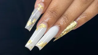 Long Clear Marble Gold Foil Encapsulated Acrylic Nail | Prom Nails✨